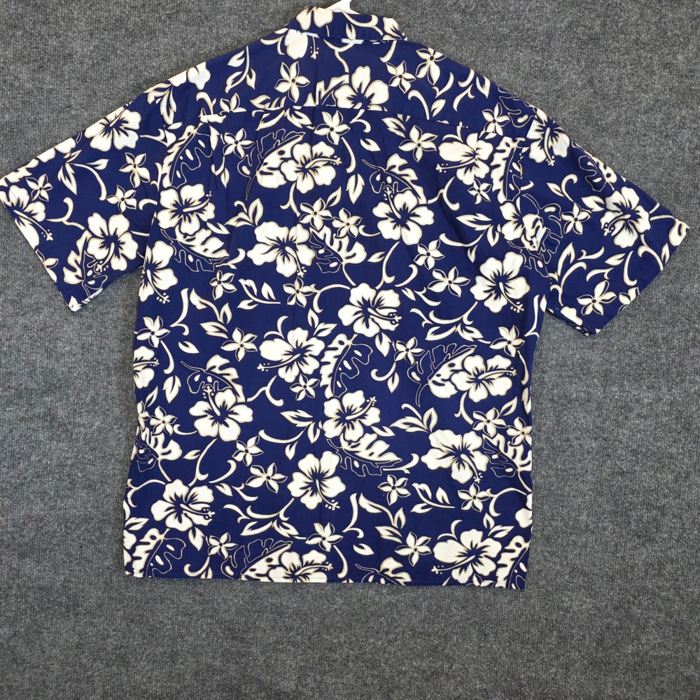 Hilo Hattie Hawaiian Shirt Mens Large Blue Hibiscus Floral Aloha Button Down